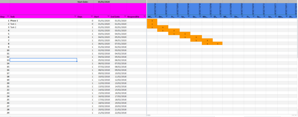 Gant Diagramm - Kostenlose Kalender Vorlage 2020 für Excel